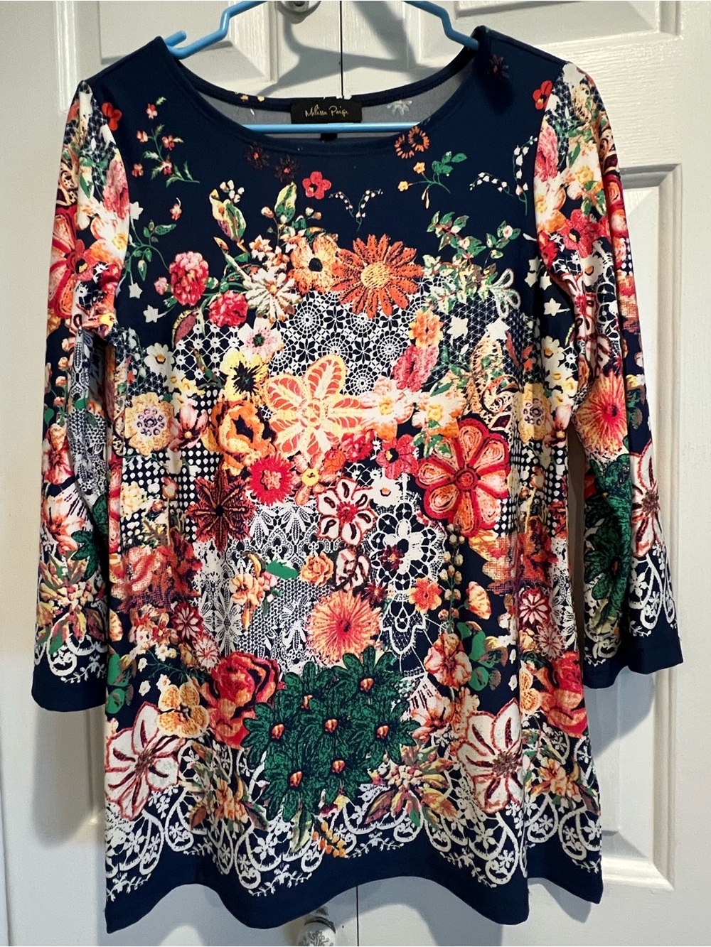 Melissa Paige🌺 Navy Multicolor Floral Lace-Print Long Sleeve Top
